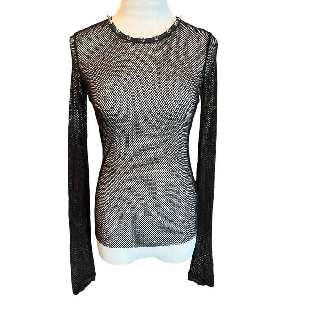 NWT CURRENT MOOD BLACK STUDDED MESH LONG SLEEVE TOP – SIZE M DOLLS KILL - Picture 2 of 13